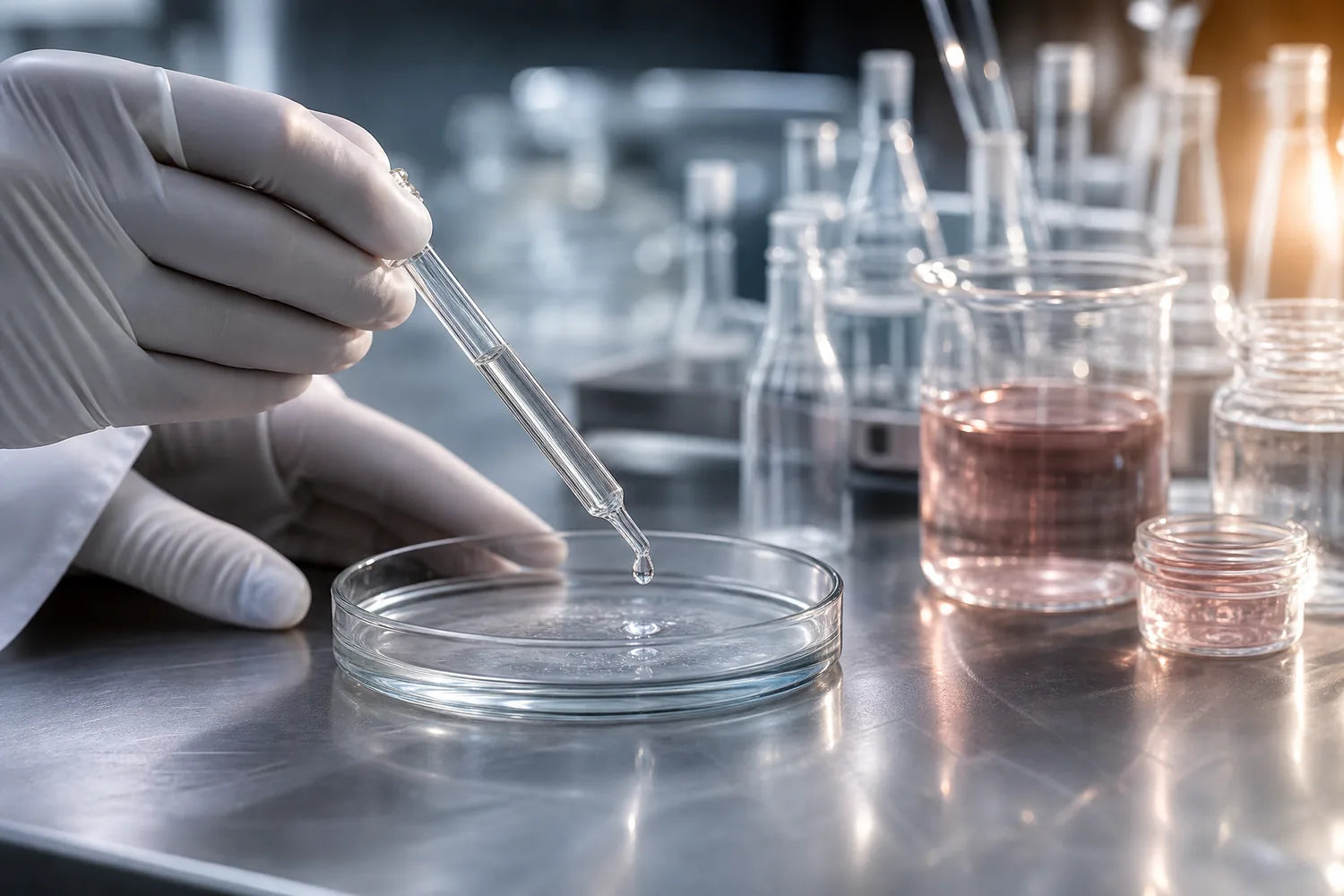 Laborarbeit: eine Pipette gibt einen Tropfen in eine Petrischale
