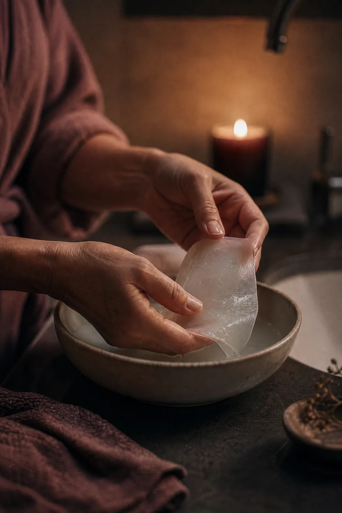 Hände heben ein Hydrogel-Tuch aus einer Keramikschale im Kerzenlicht