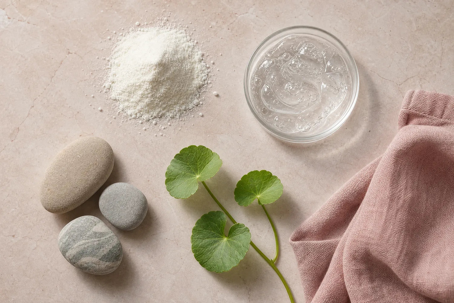 Rohstoffe der Rezeptur: Kollagenpulver, klares Gel und Centella-Blätter